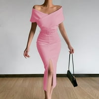 Женски летни рокли за жени свободни парти отпечатани извън рамото със средна дължина къса ръкав слънчева рокля розово 3xl