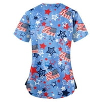 Sksloeg scrub tops жени еластичен клирънс 4 юли американски флаг печат v-образно облекло с джобове ризи сестрински работеща униформа, небесно синьо xxxl