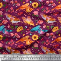 Soimoi Brown Crepe Silk Fabric Dot, слънчоглед и американски робин Bird Decor Fabric Printed Bty Wide