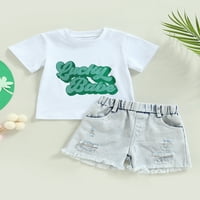 Hirigin Kids Summer Crothes Toletits Letter Print Тениска с къс ръкав и разтягане ежедневни разкъсани дънкови шорти комплект