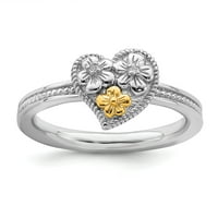 Sterling Silver & 14K подредени изрази Diamond Heart Ring - размер 6