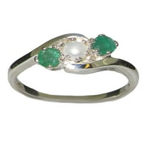 Британски направени стерлингови сребърни култивирани перли и изумрудени женски пръстен за трилогия - Опции за размер - размер 6.25