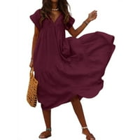 Рокли за жени женски v-образно деколте с късо ръкав солидна годност и пламна рокля със средна дължина свободна и пламна рокля вино m