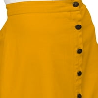 Женски памучен бутон A-Line Преден висок талия предни цепки пола с дължина на коляното, цвят: тъмно жълт, размер: xxl