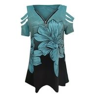Летни дамски летни върхове върхове с v-образен цип пуловер печат с къс ръкав свободни тениски блуза 2xl