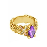Лилав, розов и бял кубичен циркония Disney Rapunzel Princess Ring в 14K жълто злато над стерлингово сребро