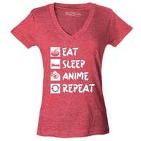 Shop4ever жените ядат сън аниме повторение тънък приспособен тениска с v-образно деколте Голяма хедър червена