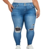 Дами изглеждат отпечатъци jeggings с висока талия фалшиви дънки, големи печатни отпечатани дънкове тънък приготен панталон тренировка дъна сини c 4xl