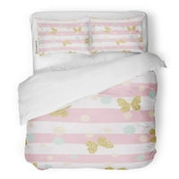 Комплект спално бельо пролетни златни пеперуди конфети върху розови райета абстрактно двойно покритие с размери с възглавница за декорация за домашно спално бельо
