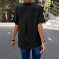 Ризи за жени моден моден солиден цвят с къс ръкав джобна риза яка отгоре черни s