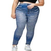 Luxplum жени отпечатани дънкови джинки Контрол на корема плюс размер поглед от печат Еластична талия Фалшиви дънки безпроблемни дъна Панталони Сини 3XL