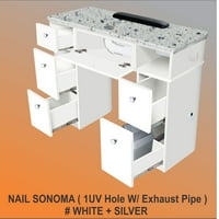 Sonoma Manicure Table Nail Station за мебели и оборудване за красота салон, мраморен връх и 1UV дупка, модерно бяло сребро