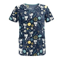 Дамски скраб върхове Просвета голям размер V-образно блуза флорална ежедневна тениска с къси ръкави с разхлабени туники върхове сини xl
