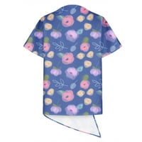 Дамски асиметричен подгъв с къс ръкав туника върхове ежедневно v-образно люлееща се блуза риза флорален цветен блок летни ежедневни тийнейджъри тъмносини s