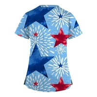 Разчистване Дамски летни върхове с къс ръкав Ден на независимост блуза отпечатани жени модни v-образни блузи, небесно синьо, xxxl