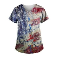 Sksloeg женски скраб върхове 4 юли Американски флаг за печат блуза с къси ръкав работеща униформа v Врат графични скраб ризи, флот xxxxl
