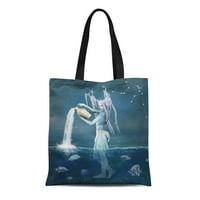 Платно тотална чанта Zodiac Series Aquarius As Fantasy Creature Vase в морския пейзаж Повторно използване на чанти за пазаруване на хранителни стоки