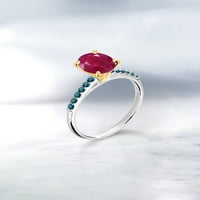 Gem Stone King 1. Ct овален червен рубинен син диамант 10k бяло златен пръстен с жълто злато Prongs