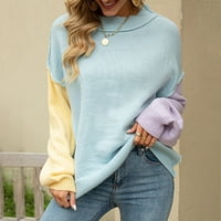 Kpoplk женски плетен пуловер извънгабаритен мек небрежен свободен есен плетен риза туника джъмпер върхове синьо, m